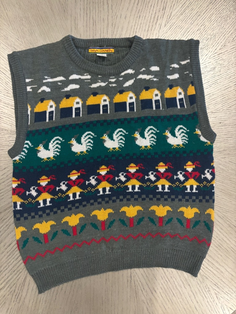Brynn Connelly Gray Sweater Vest with Farm scenes-chickens, barn vintage